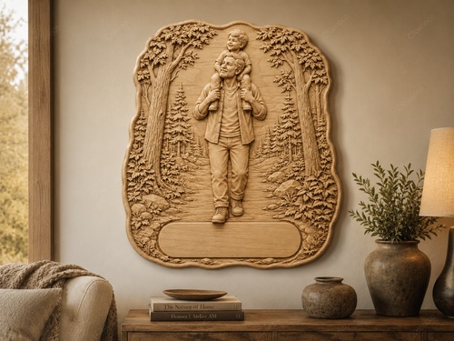CNC & impression 3D père et enfant en forêt, relief bois fête des pères à personnaliser, fichier STL