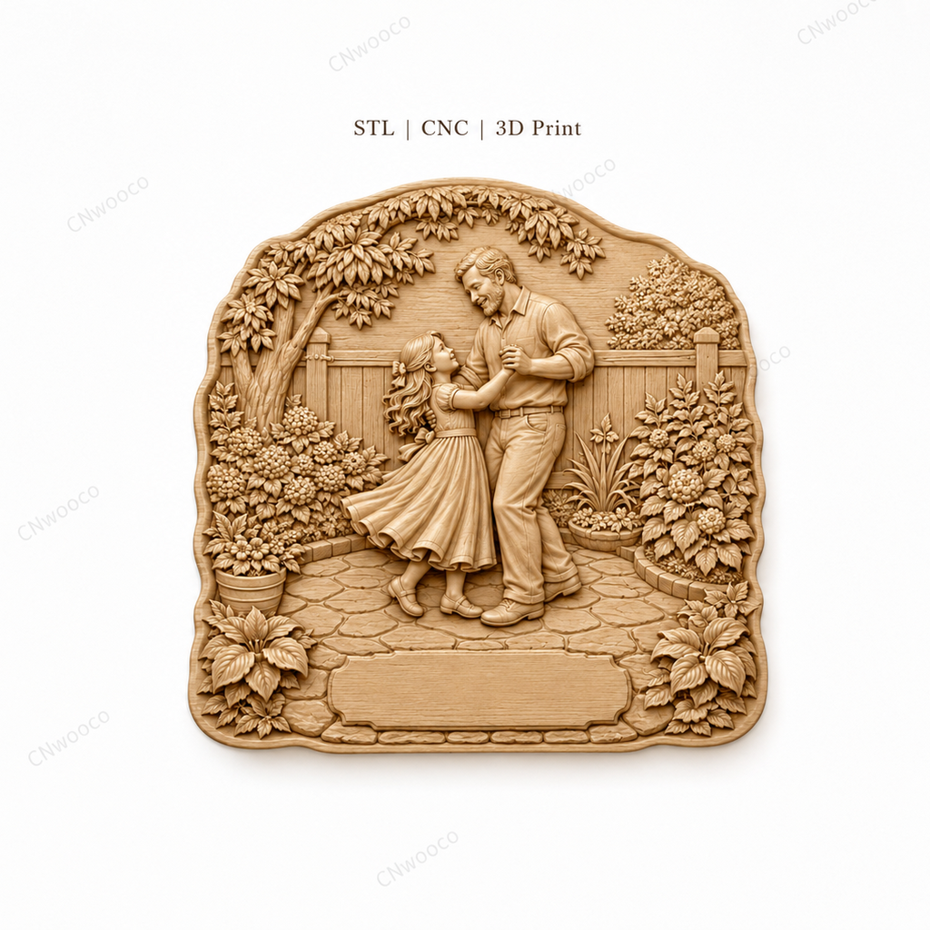 CNC & impression 3D scène père fille dans le jardin, relief bois à personnaliser, fichier STL très haute qualité