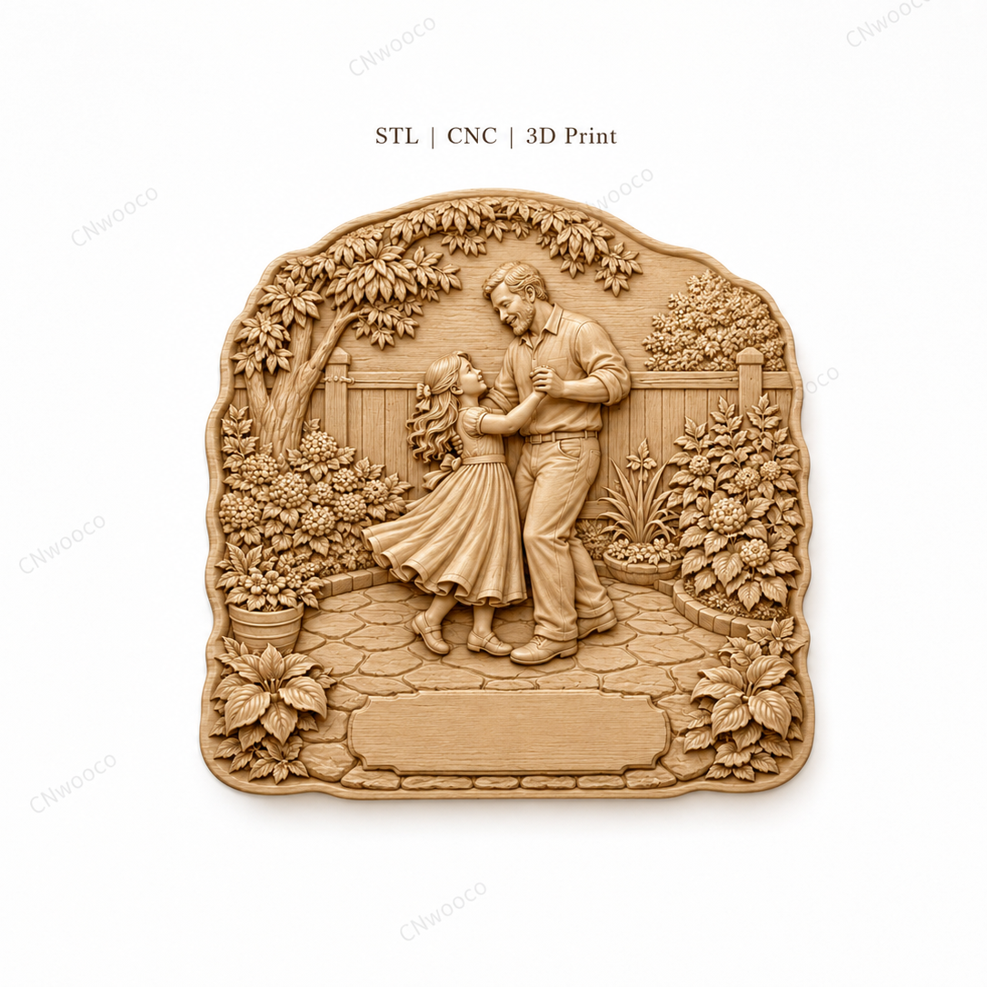 CNC & impression 3D scène père fille dans le jardin, relief bois à personnaliser, fichier STL très haute qualité