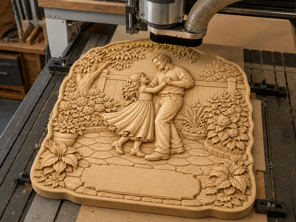 CNC & impression 3D scène père fille dans le jardin, relief bois à personnaliser, fichier STL très haute qualité