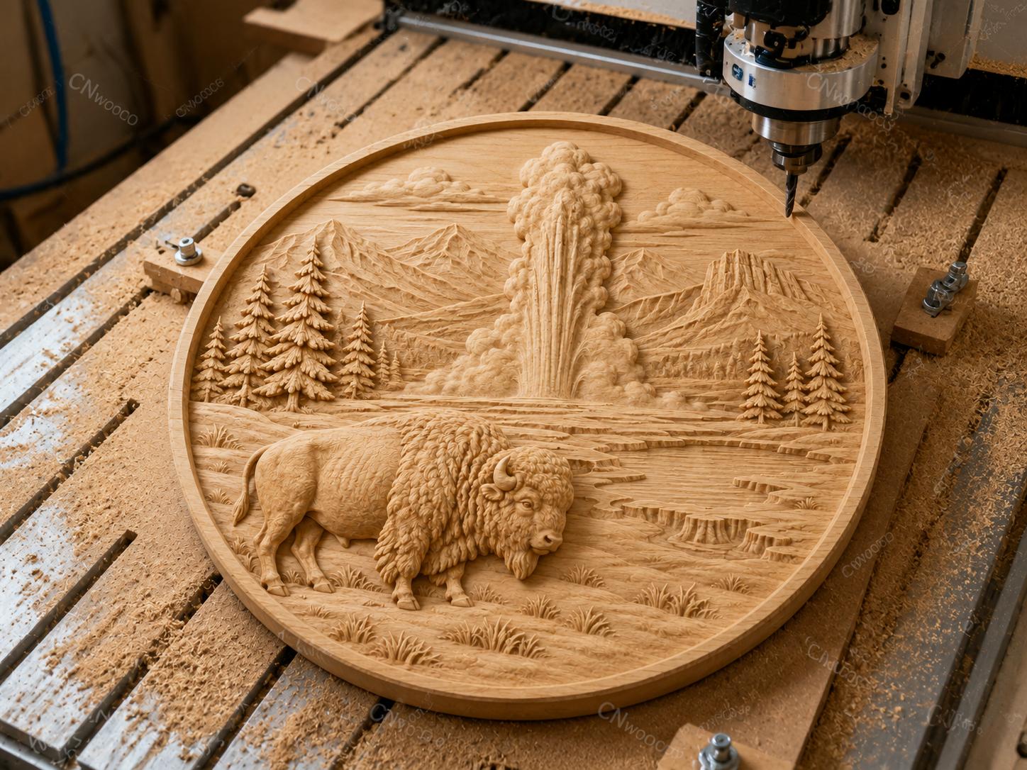 CNC & impression 3D relief bison Yellowstone geyser, décor western nature, fichier STL très haute qualité