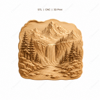 CNC & impression 3D relief montagne cascade, fichier pour sculpture bois, paysage nature forêt STL très haute qualité