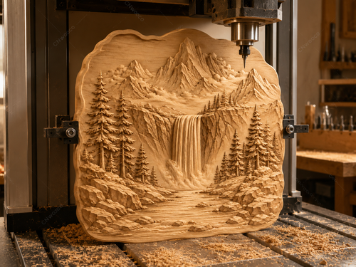 CNC & impression 3D relief montagne cascade, fichier pour sculpture bois, paysage nature forêt STL très haute qualité