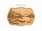 CNC & impression 3D chalet au bord du lac, relief bois nature cabine montagne canoë, fichier STL très haute qualité