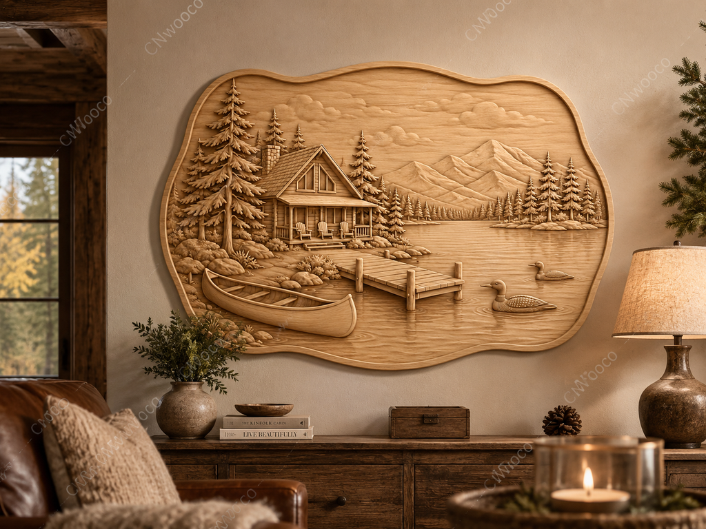 CNC & impression 3D chalet au bord du lac, relief bois nature cabine montagne canoë, fichier STL très haute qualité