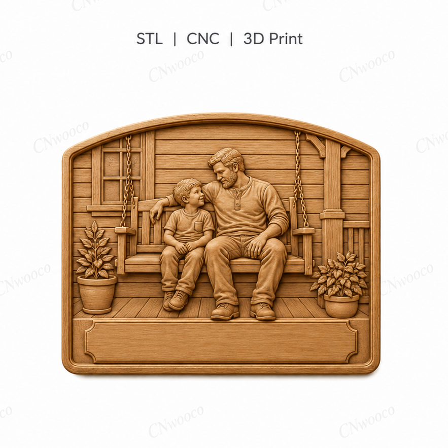 CNC & impression 3D scène père et fils sur balançoire, relief bois familial à personnaliser, fichier STL très haute qualité