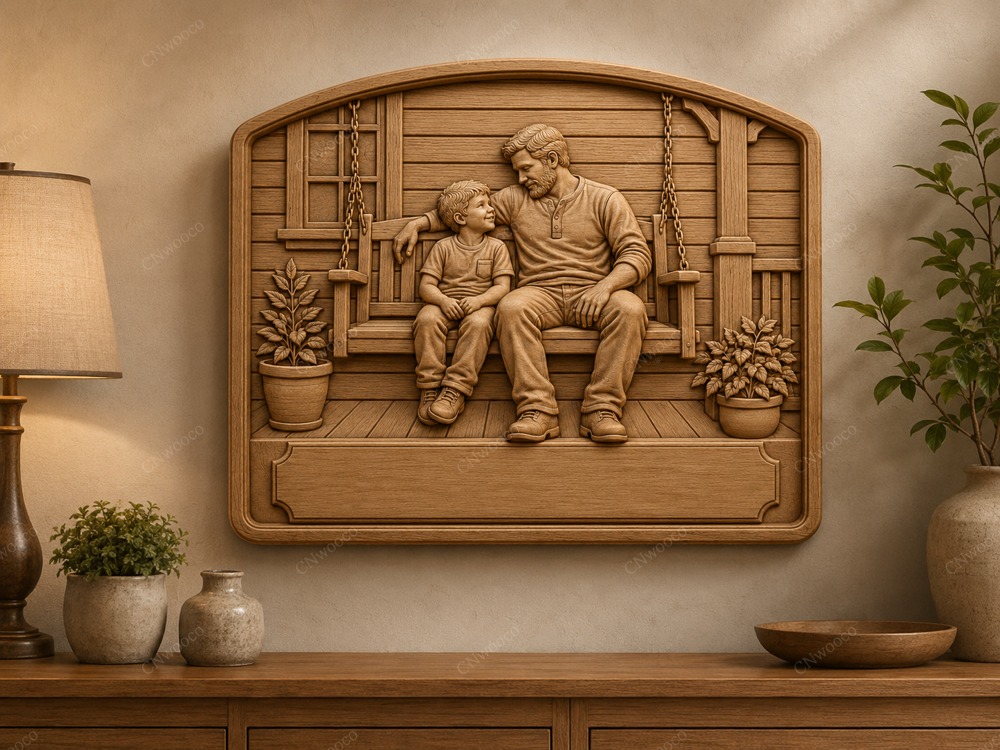 CNC & impression 3D scène père et fils sur balançoire, relief bois familial à personnaliser, fichier STL très haute qualité