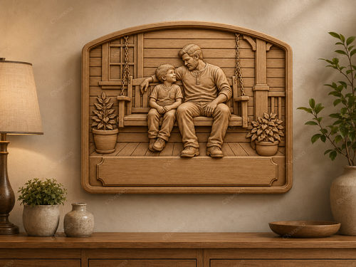 CNC & impression 3D scène père et fils sur balançoire, relief bois familial à personnaliser, fichier STL très haute qualité