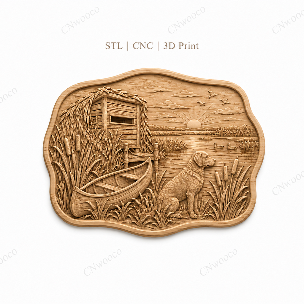 CNC & impression 3D relief chien de chasse au marais, canards, cabane et canoë, fichier STL très haute qualité