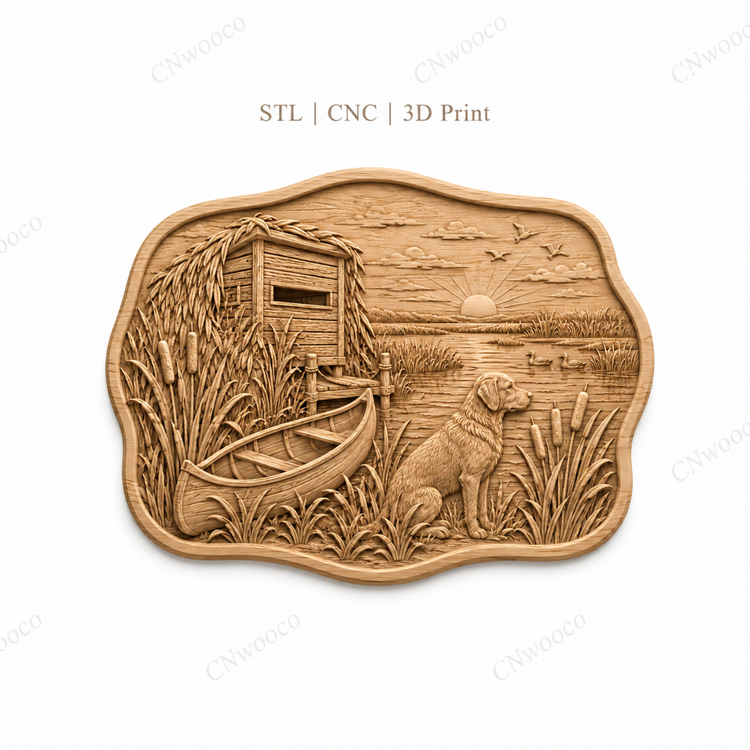 CNC & impression 3D relief chien de chasse au marais, canards, cabane et canoë, fichier STL très haute qualité