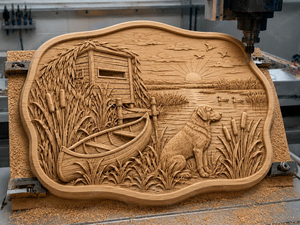CNC & impression 3D relief chien de chasse au marais, canards, cabane et canoë, fichier STL très haute qualité