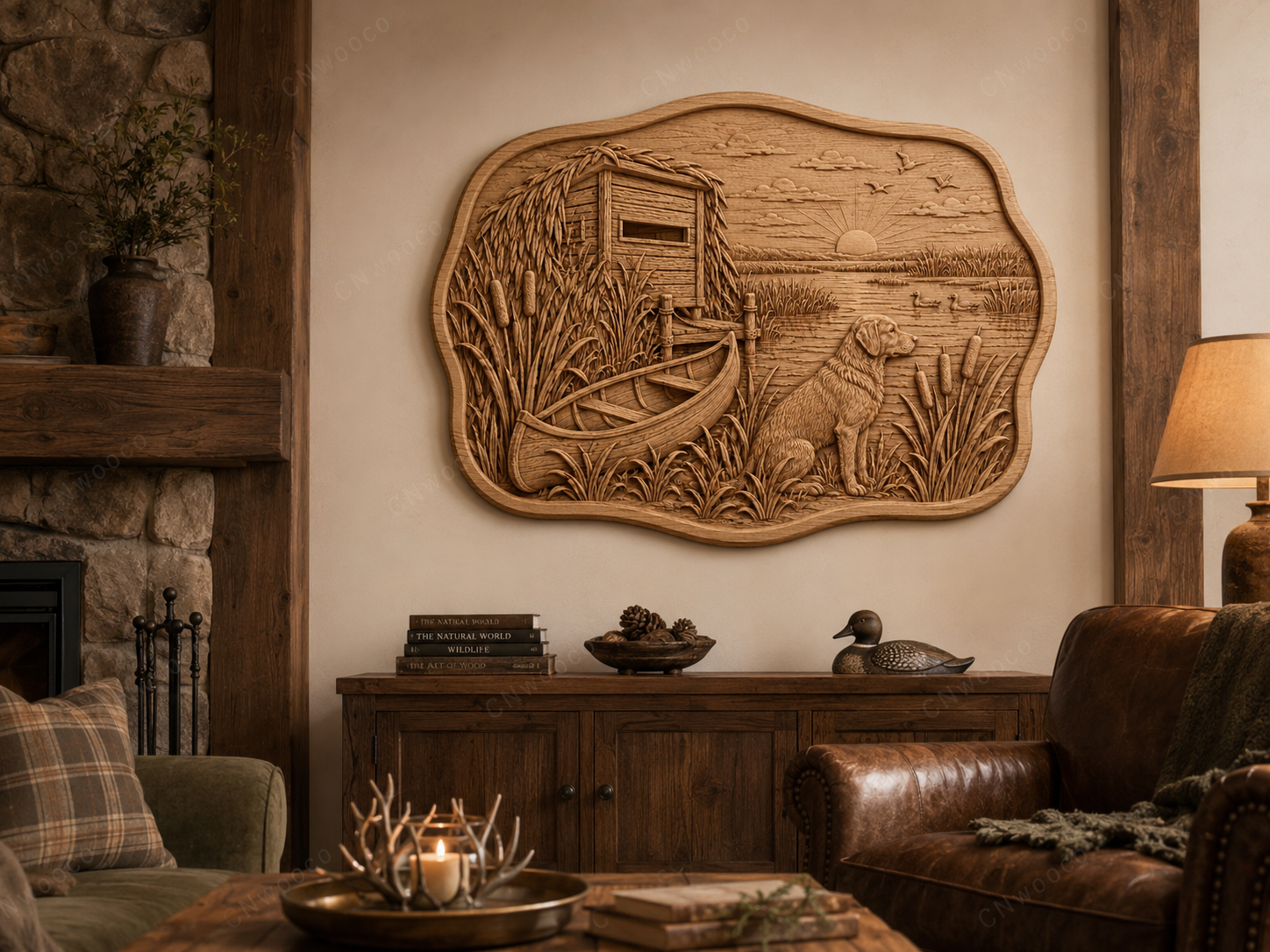 CNC & impression 3D relief chien de chasse au marais, canards, cabane et canoë, fichier STL très haute qualité