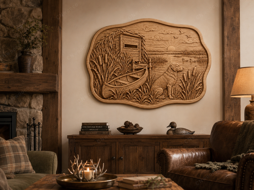 CNC & impression 3D relief chien de chasse au marais, canards, cabane et canoë, fichier STL très haute qualité