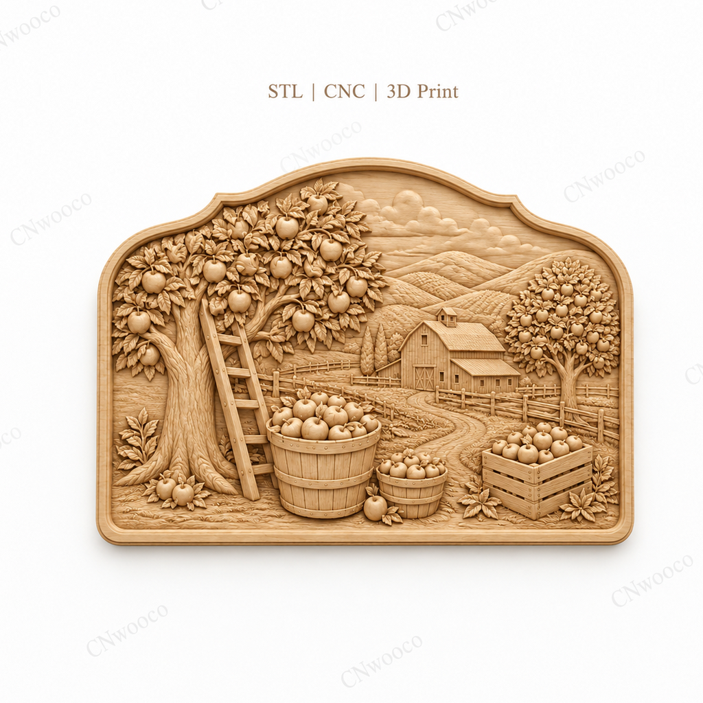 CNC & impression 3D relief verger de pommes, ferme rustique, panneau bois décoratif, fichier STL très haute qualité