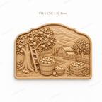 CNC & impression 3D relief verger de pommes, ferme rustique, panneau bois décoratif, fichier STL très haute qualité