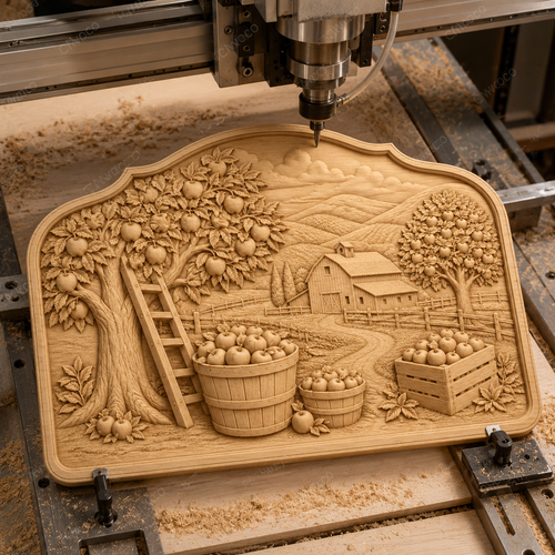 CNC & impression 3D relief verger de pommes, ferme rustique, panneau bois décoratif, fichier STL très haute qualité