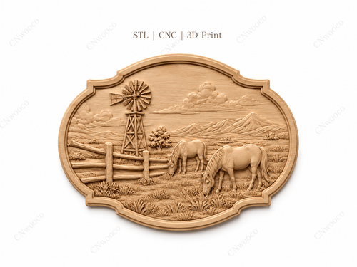 CNC & impression 3D relief western avec chevaux, ranch, moulin à vent et paysage montagne, fichier STL très haute qualité