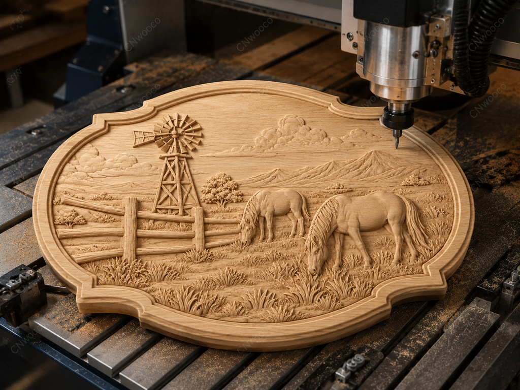 CNC & impression 3D relief western avec chevaux, ranch, moulin à vent et paysage montagne, fichier STL très haute qualité