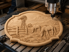 CNC & impression 3D relief western avec chevaux, ranch, moulin à vent et paysage montagne, fichier STL très haute qualité
