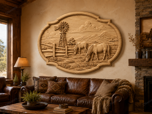 CNC & impression 3D relief western avec chevaux, ranch, moulin à vent et paysage montagne, fichier STL très haute qualité
