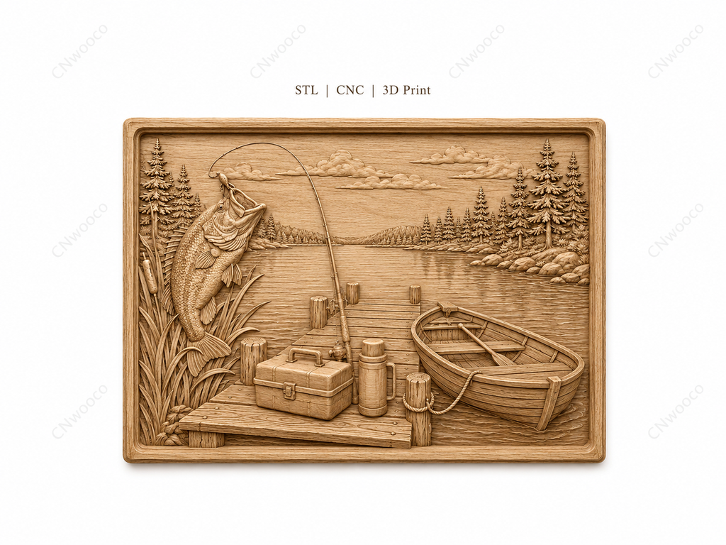 CNC & impression 3D scène de pêche au lac, poisson, barque et ponton, relief bois décor chalet, fichier STL très haute qualité