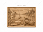 CNC & impression 3D scène de pêche au lac, poisson, barque et ponton, relief bois décor chalet, fichier STL très haute qualité