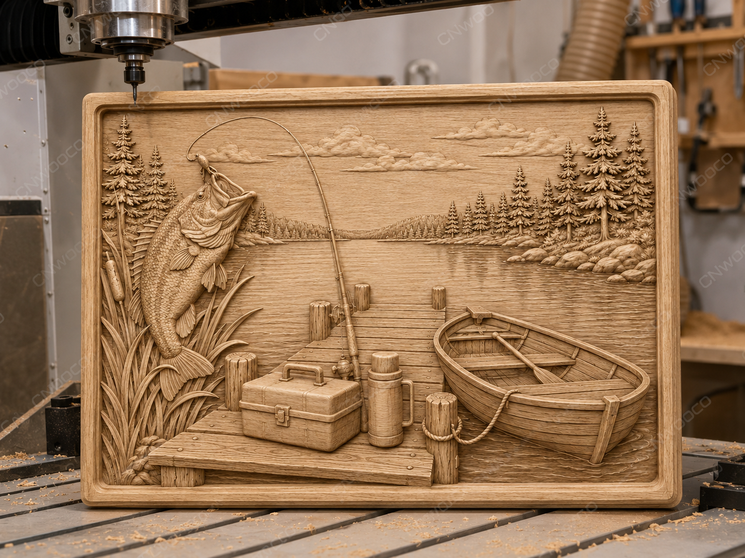 CNC & impression 3D scène de pêche au lac, poisson, barque et ponton, relief bois décor chalet, fichier STL très haute qualité