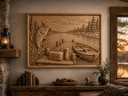 CNC & impression 3D scène de pêche au lac, poisson, barque et ponton, relief bois décor chalet, fichier STL très haute qualité