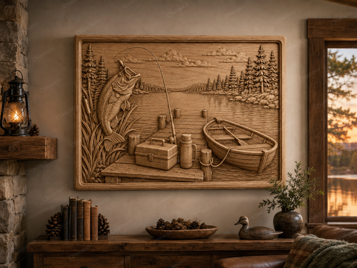 CNC & impression 3D scène de pêche au lac, poisson, barque et ponton, relief bois décor chalet, fichier STL très haute qualité