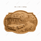 CNC & impression 3D relief Route 66 western, diner rétro, voiture classique et désert américain, fichier STL très haute qualité