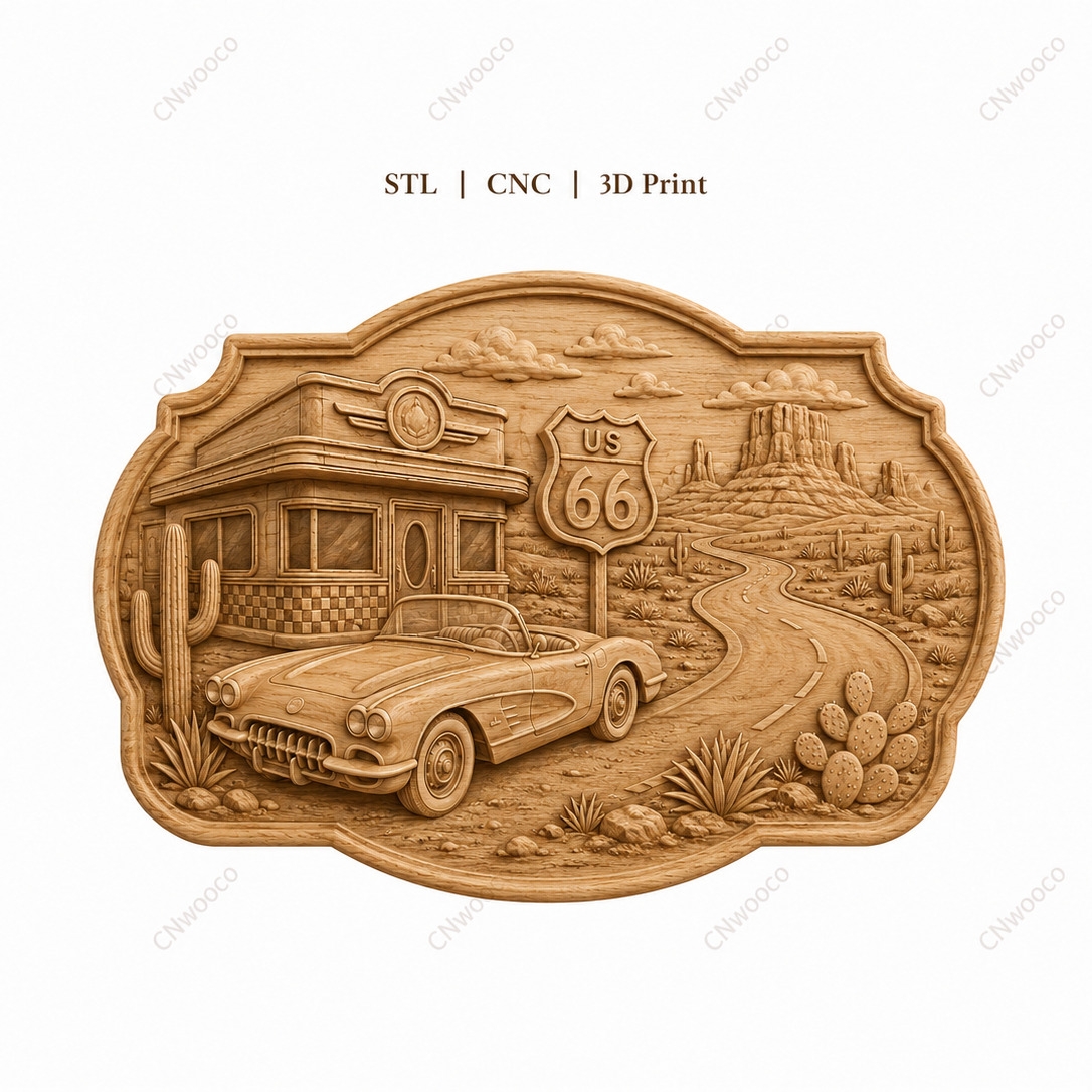 CNC & impression 3D relief Route 66 western, diner rétro, voiture classique et désert américain, fichier STL très haute qualité