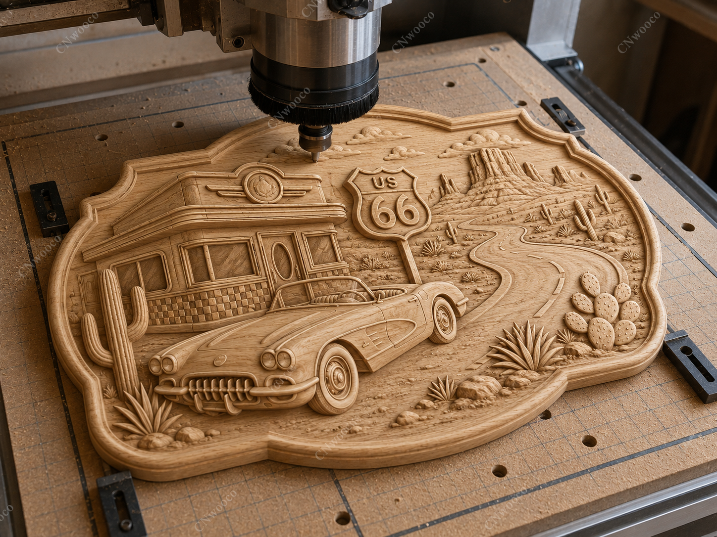 CNC & impression 3D relief Route 66 western, diner rétro, voiture classique et désert américain, fichier STL très haute qualité