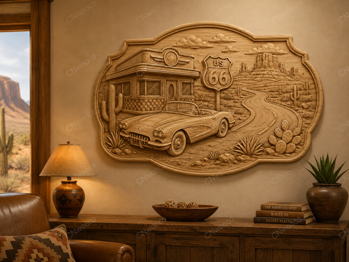CNC & impression 3D relief Route 66 western, diner rétro, voiture classique et désert américain, fichier STL très haute qualité