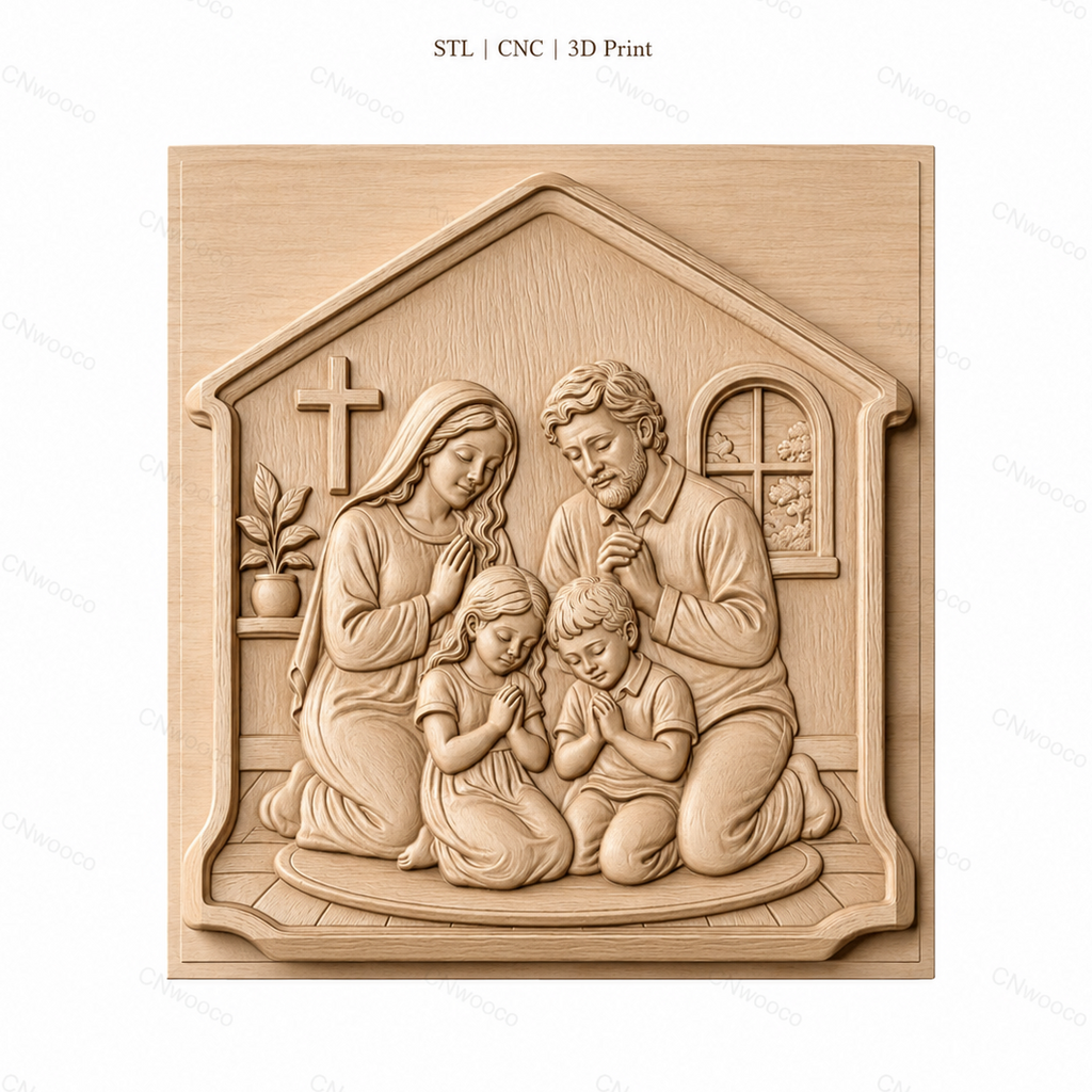 Fichier CNC & impression 3D famille en prière chrétienne, scène religieuse avec croix et enfants, haute qualité relief STL