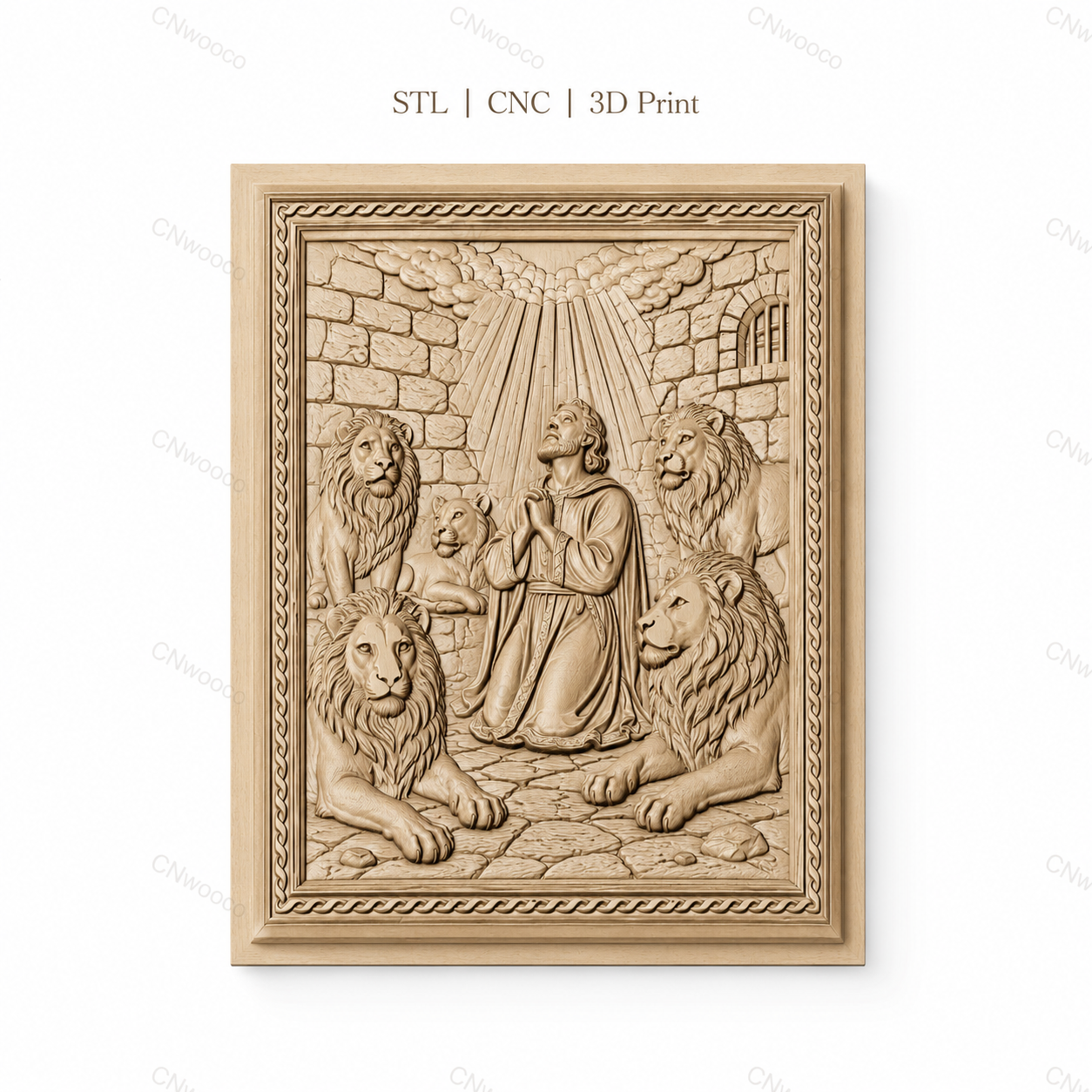Fichier CNC & impression 3D Daniel avec lions, scène biblique en prison, haute qualité relief STL