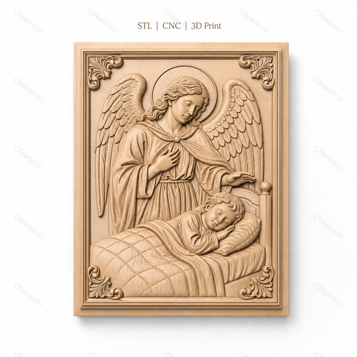 Fichier CNC & impression 3D ange gardien avec enfant, scène religieuse de protection, haute qualité relief STL