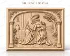Fichier CNC & impression 3D père miséricordieux, scène biblique d’étreinte et pardon, haute qualité relief STL