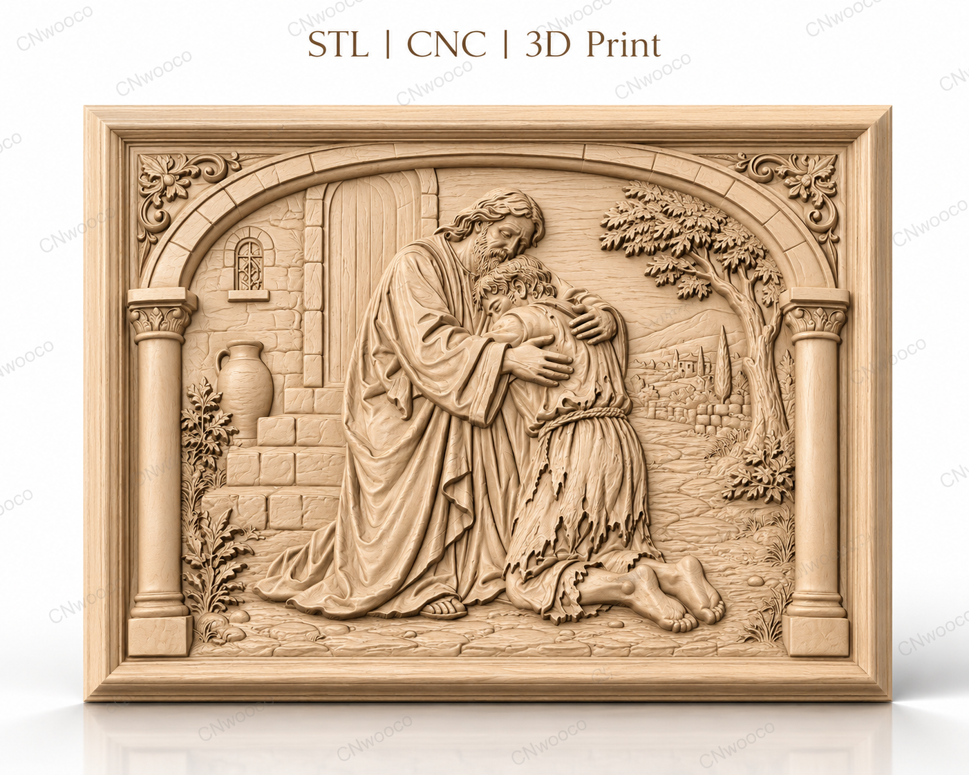 Fichier CNC & impression 3D père miséricordieux, scène biblique d’étreinte et pardon, haute qualité relief STL
