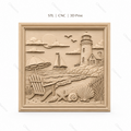Fichier CNC & impression 3D scène de plage, phare voilier coquillages et chaise, haute qualité relief STL