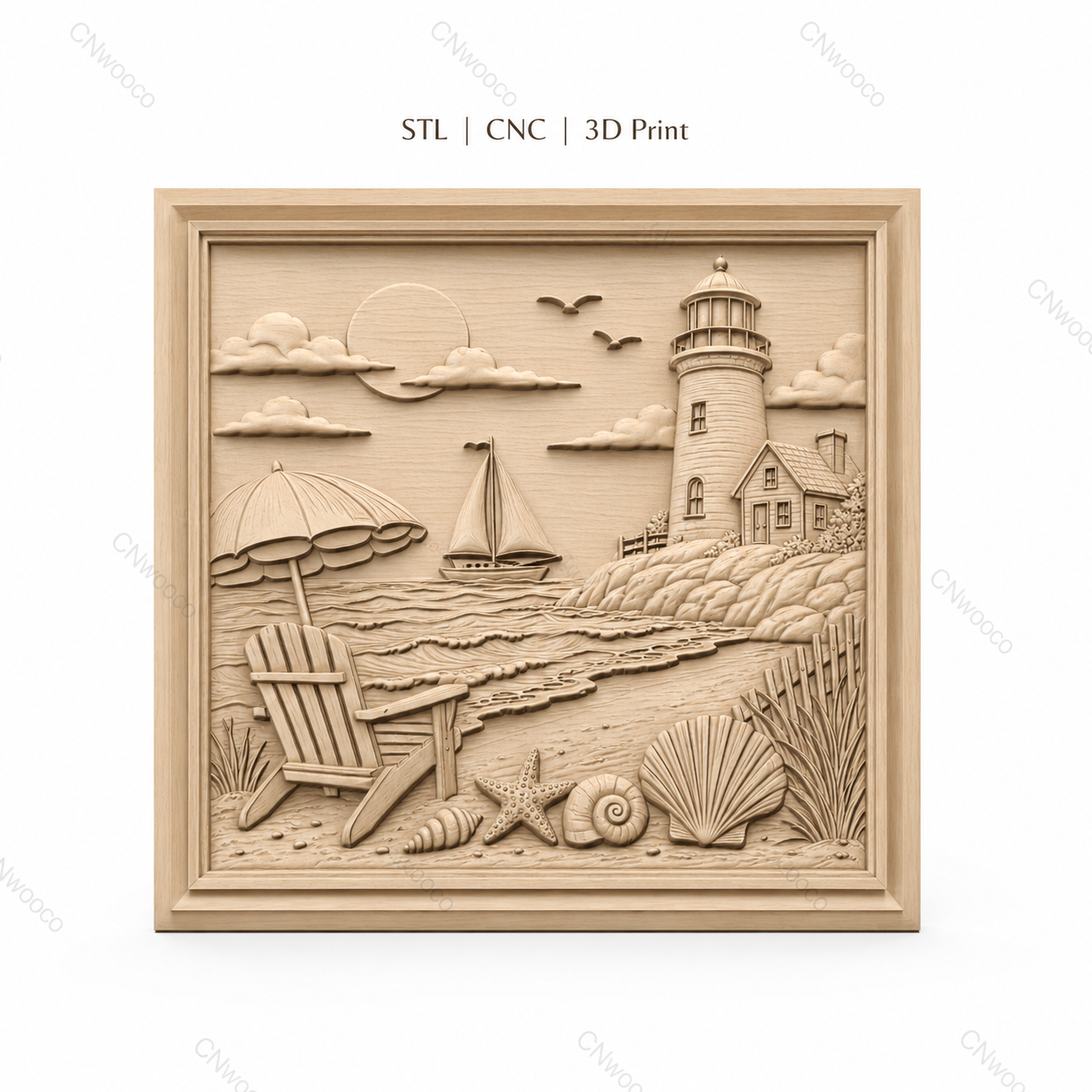 Fichier CNC & impression 3D scène de plage, phare voilier coquillages et chaise, haute qualité relief STL