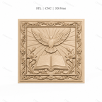 Fichier CNC & impression 3D colombe sacrée, livre ouvert fleurs et cadre ornemental, haute qualité relief STL