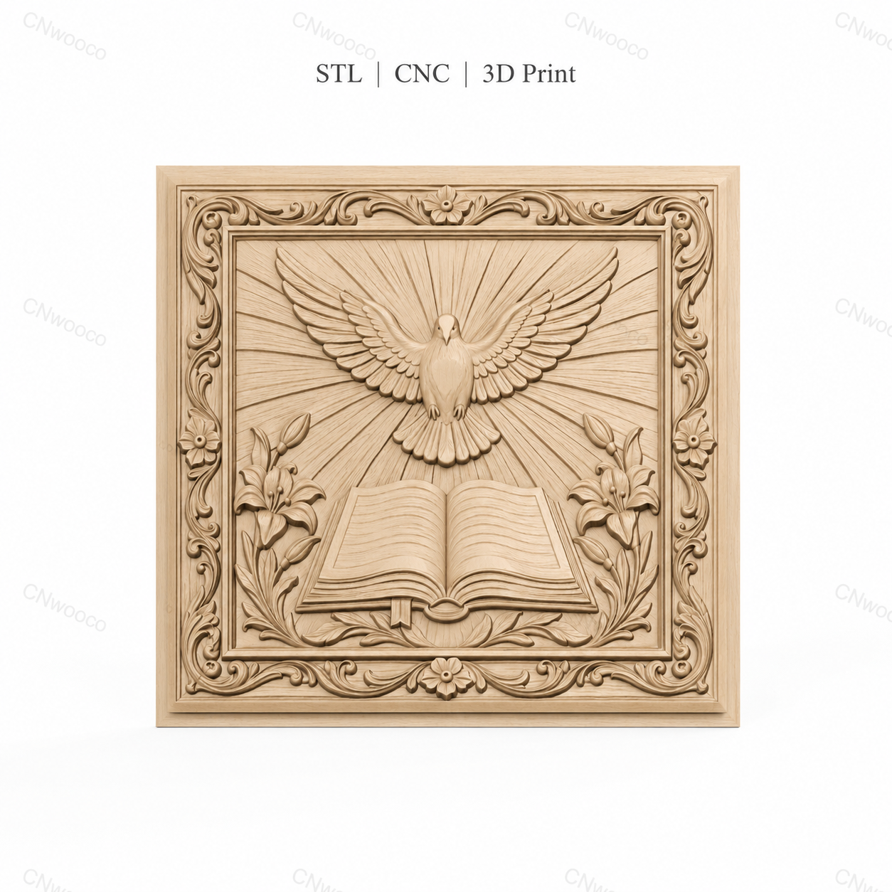 Fichier CNC & impression 3D colombe sacrée, livre ouvert fleurs et cadre ornemental, haute qualité relief STL