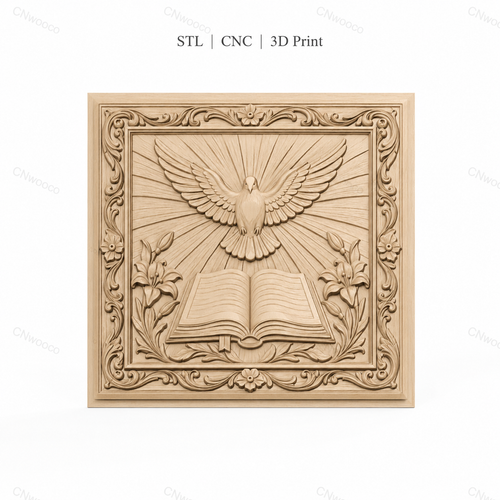 Fichier CNC & impression 3D colombe sacrée, livre ouvert fleurs et cadre ornemental, haute qualité relief STL