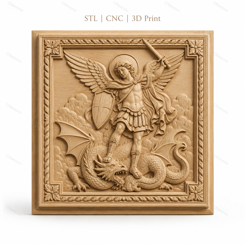 Fichier CNC & impression 3D saint Michel archange, ange guerrier avec dragon, haute qualité relief STL