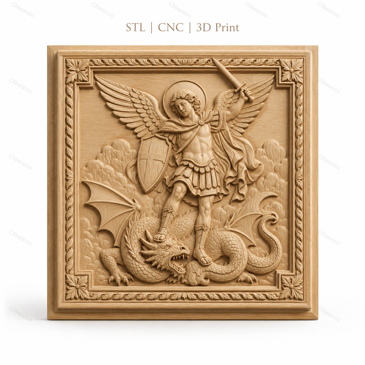 Fichier CNC & impression 3D saint Michel archange, ange guerrier avec dragon, haute qualité relief STL