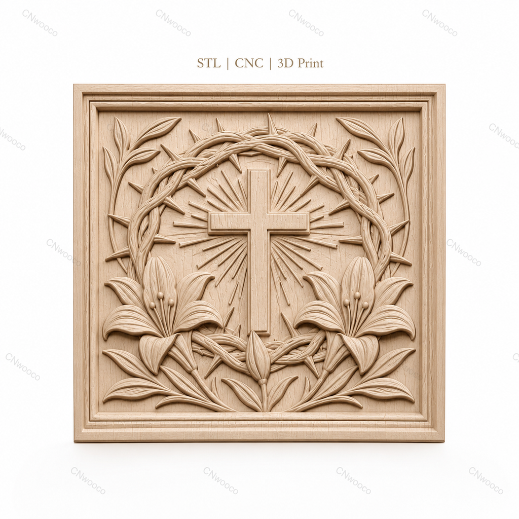 Fichier CNC & impression 3D croix chrétienne, couronne d’épines et lys, haute qualité relief STL