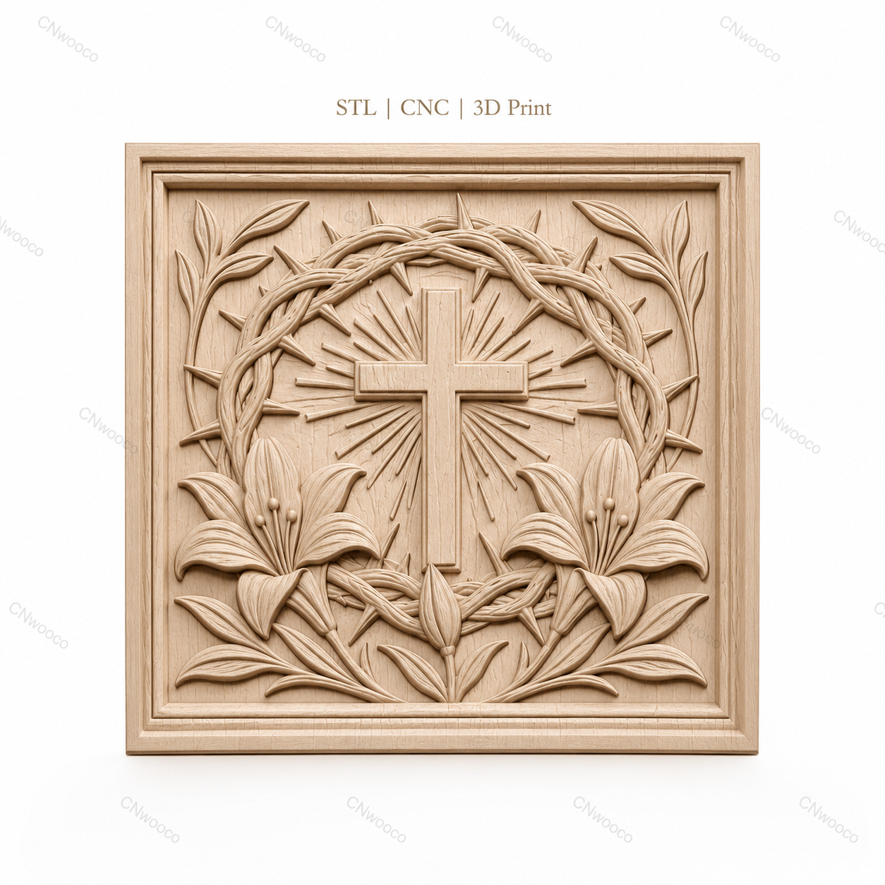 Fichier CNC & impression 3D croix chrétienne, couronne d’épines et lys, haute qualité relief STL