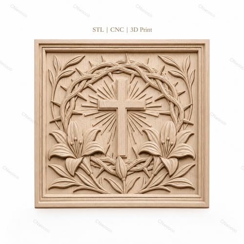 Fichier CNC & impression 3D croix chrétienne, couronne d’épines et lys, haute qualité relief STL