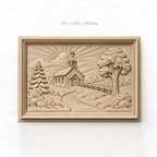 Fichier CNC & impression 3D église de campagne, paysage religieux avec soleil et arbres, haute qualité relief STL