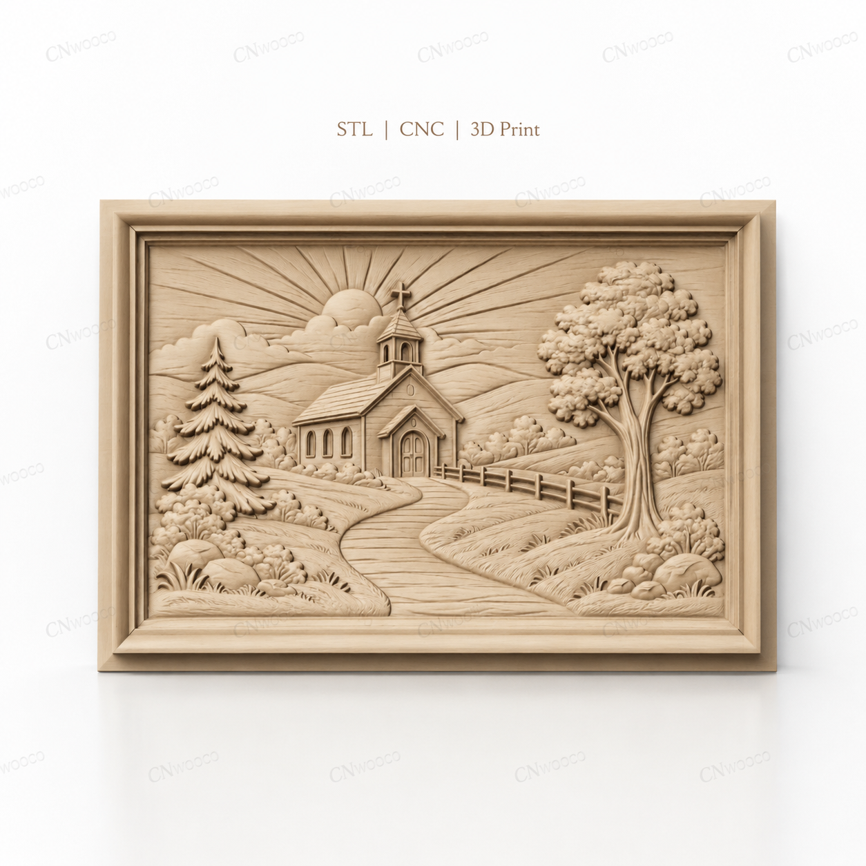 Fichier CNC & impression 3D église de campagne, paysage religieux avec soleil et arbres, haute qualité relief STL